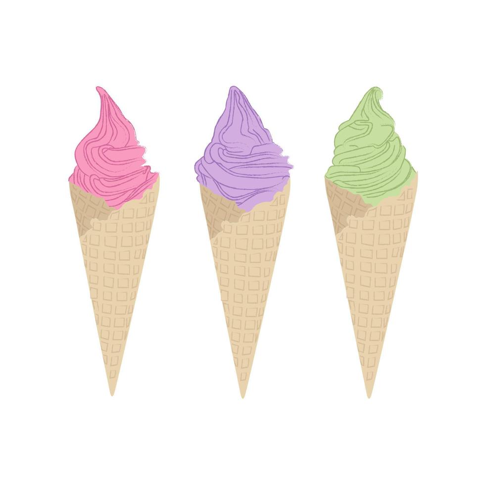 softserve outline vector sobre fondo blanco para menú o publicidad. helado con tres formas. detalle en cono de galleta.