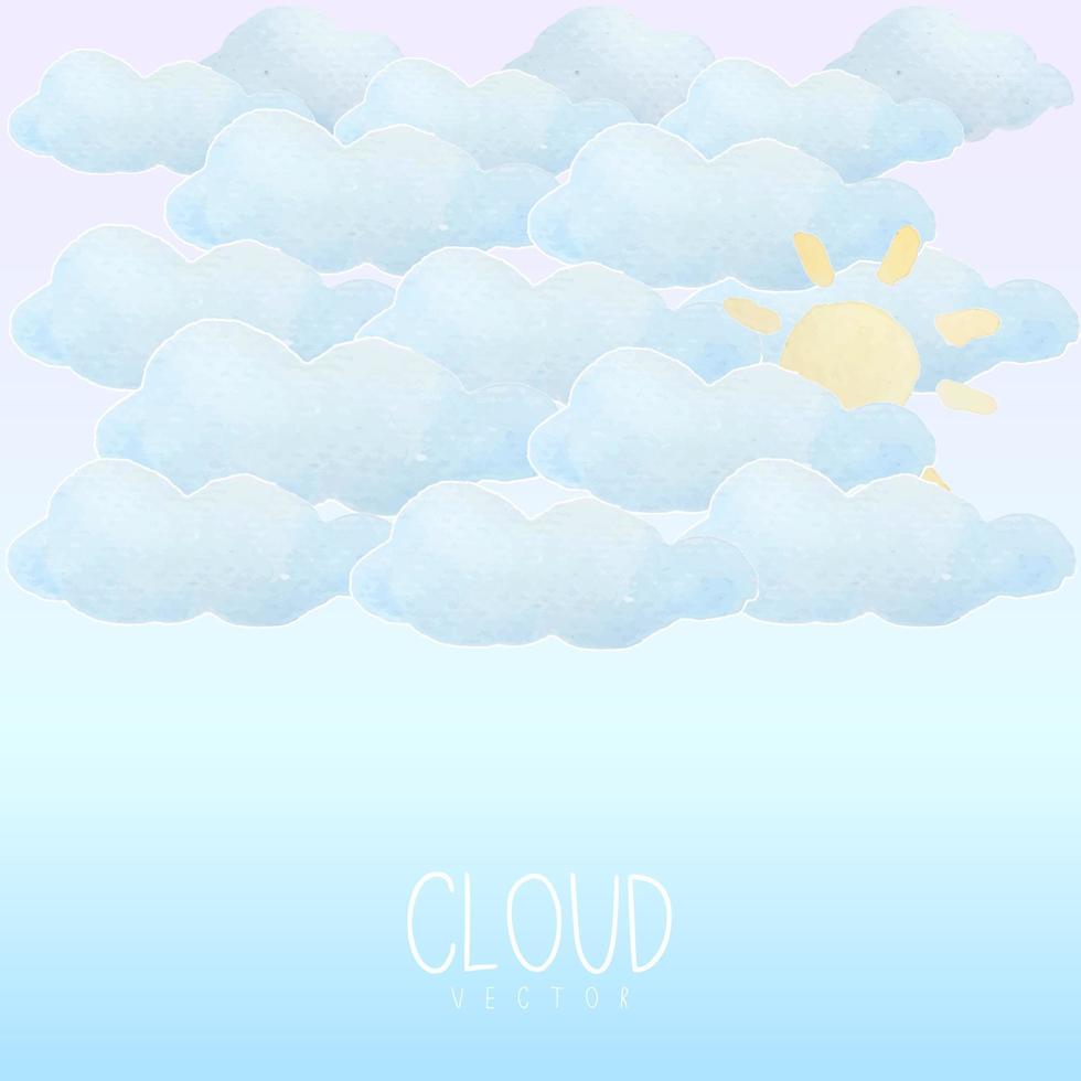 el cielo azul tiene la nube y el sol están pintados con acuarela sobre fondo degradado azul. la nube tiene un estilo de dibujos animados y se ve linda. vector