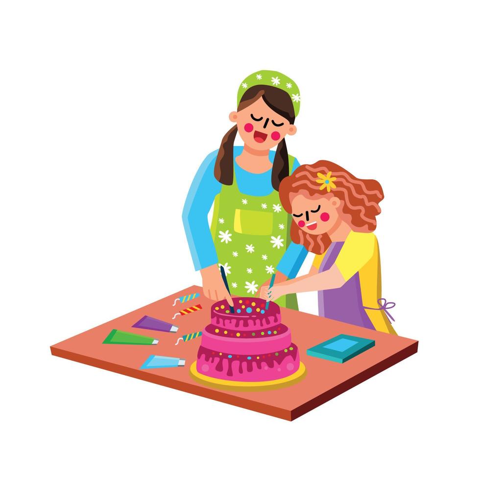 madre e hija cocinando pastel juntos vector