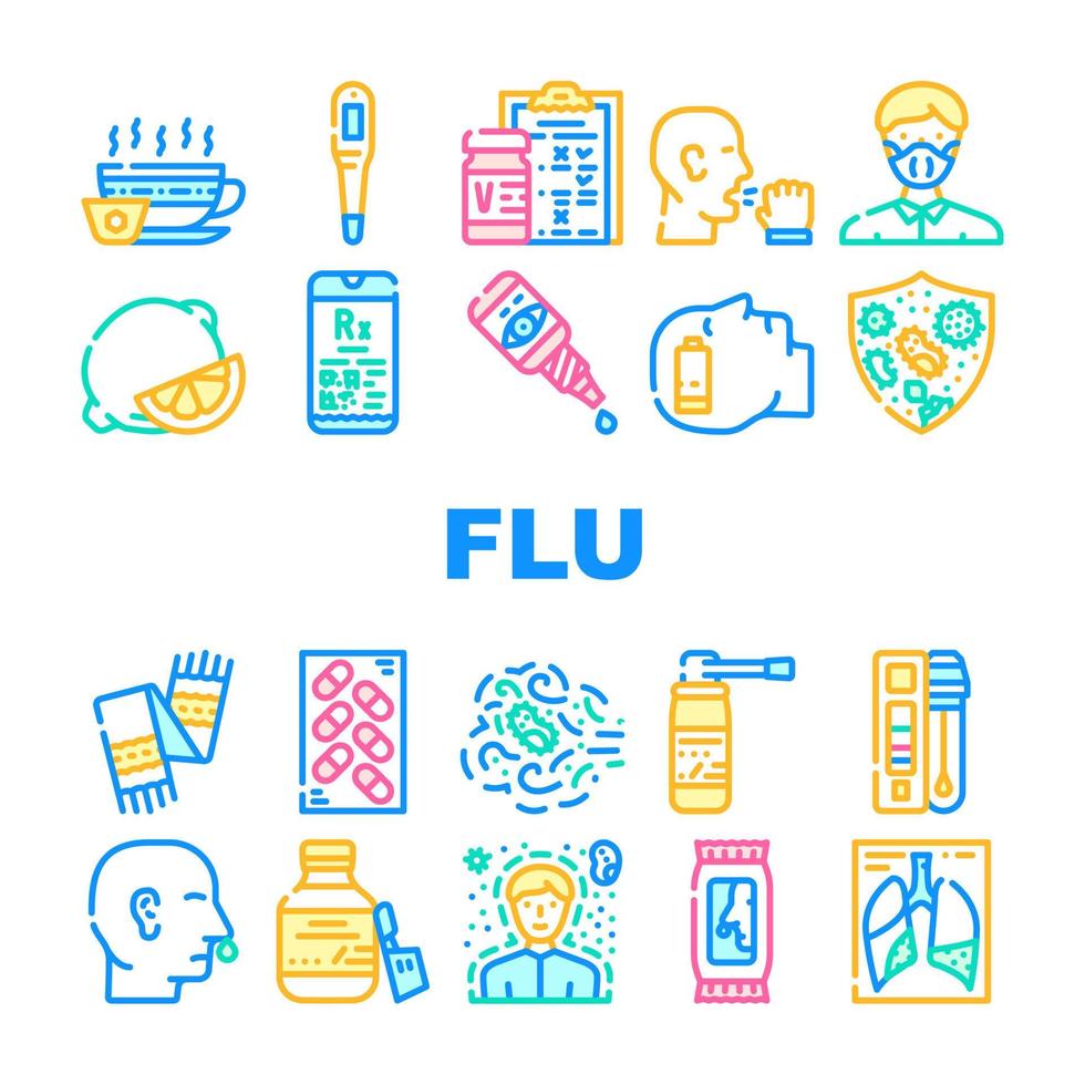 Flu Disease Treatment Collection Icons Set Vector