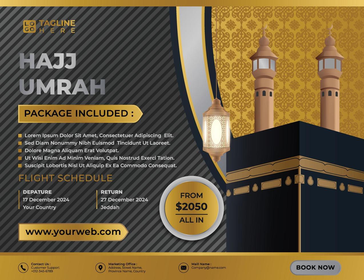Hajj and Umrah Brochure Gold Travel and Tour Luxury with Kaaba and Lantern realistic 3d,for Social Media post,Pamphlet, Brochure, Flyer or Poster vector