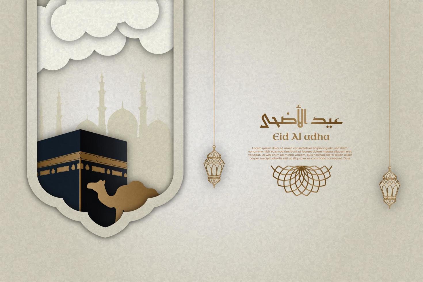 Eid Al Adha Islamic Template  the celebration of Muslim Paper Cut Style. With Kaaba 3d vector