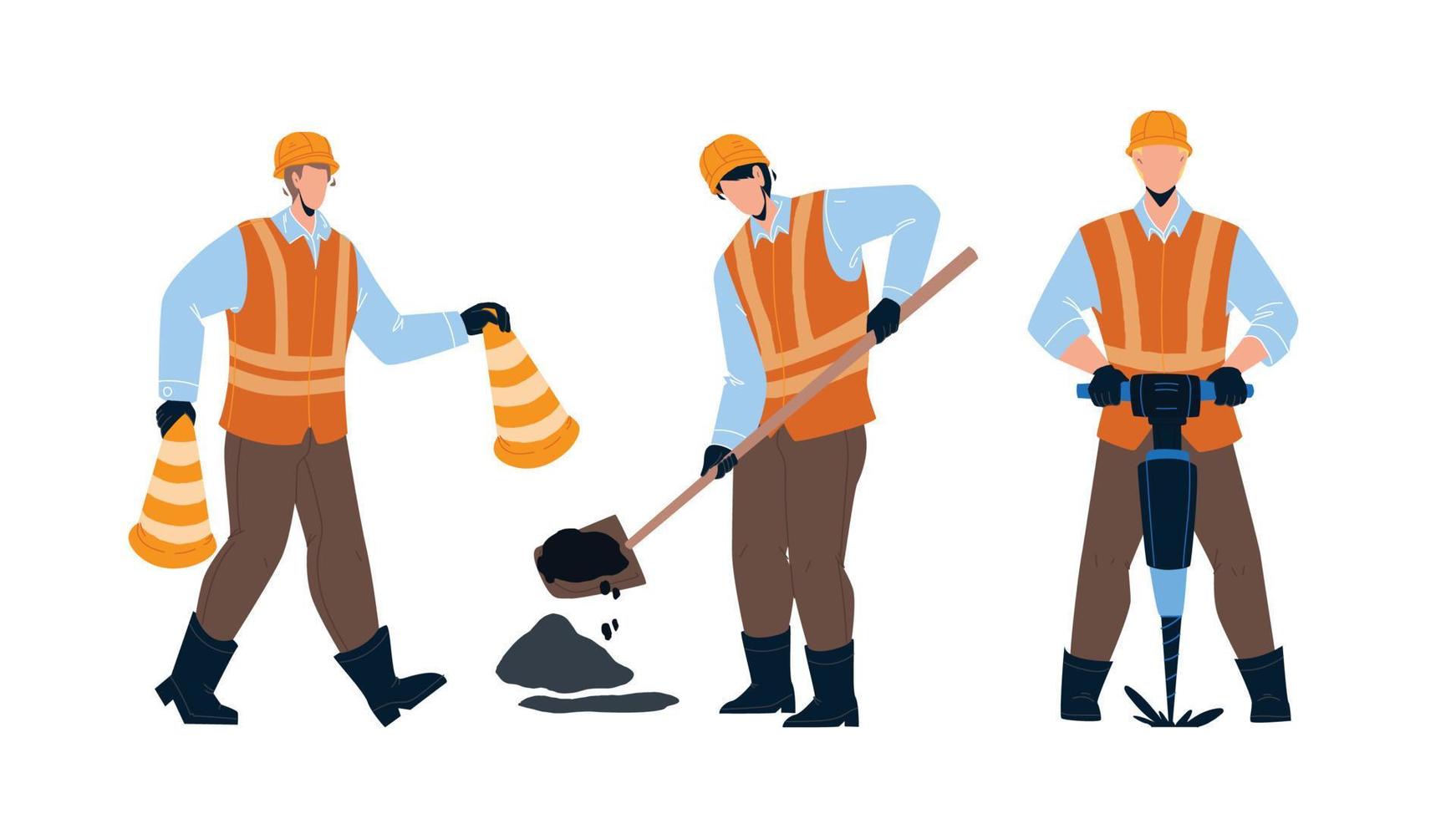 Trabajador de la carretera reparando la infraestructura de la calle ilustración vectorial vector