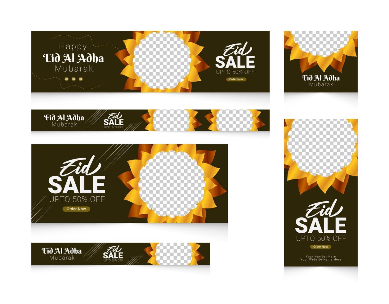 conjunto de plantillas de banner web de venta de eid al adha con diseño de flores doradas vector
