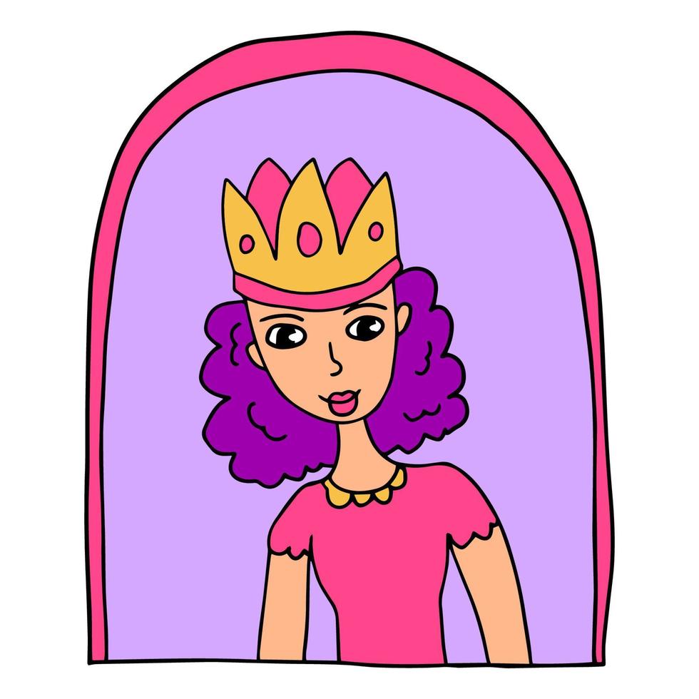 Cute dibujos animados resumen doodle princesa retrato en arco aislado sobre fondo blanco. cara de mujer vector