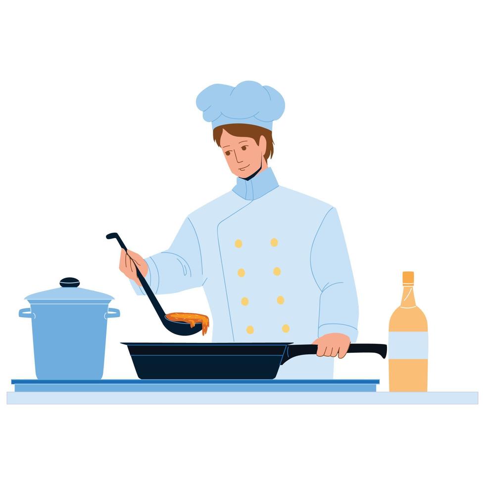 Chef Man Cooking On Restaurant Kitchen Vector