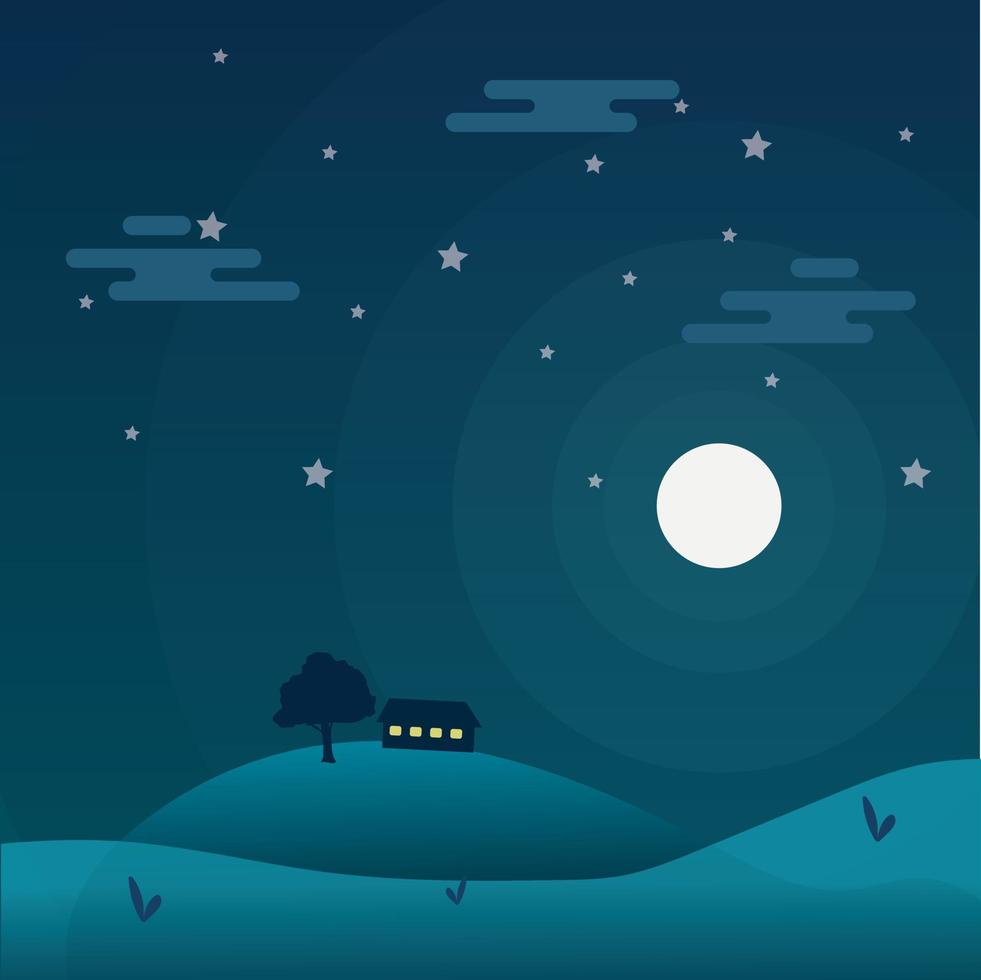 Flat background vector illustration night landscape with moon