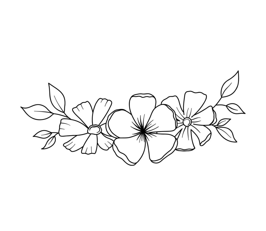 Flower border with flowers and leaves in outline style. Vector line wildflowers. Elegant floral bouquet hand drawn isolated on white