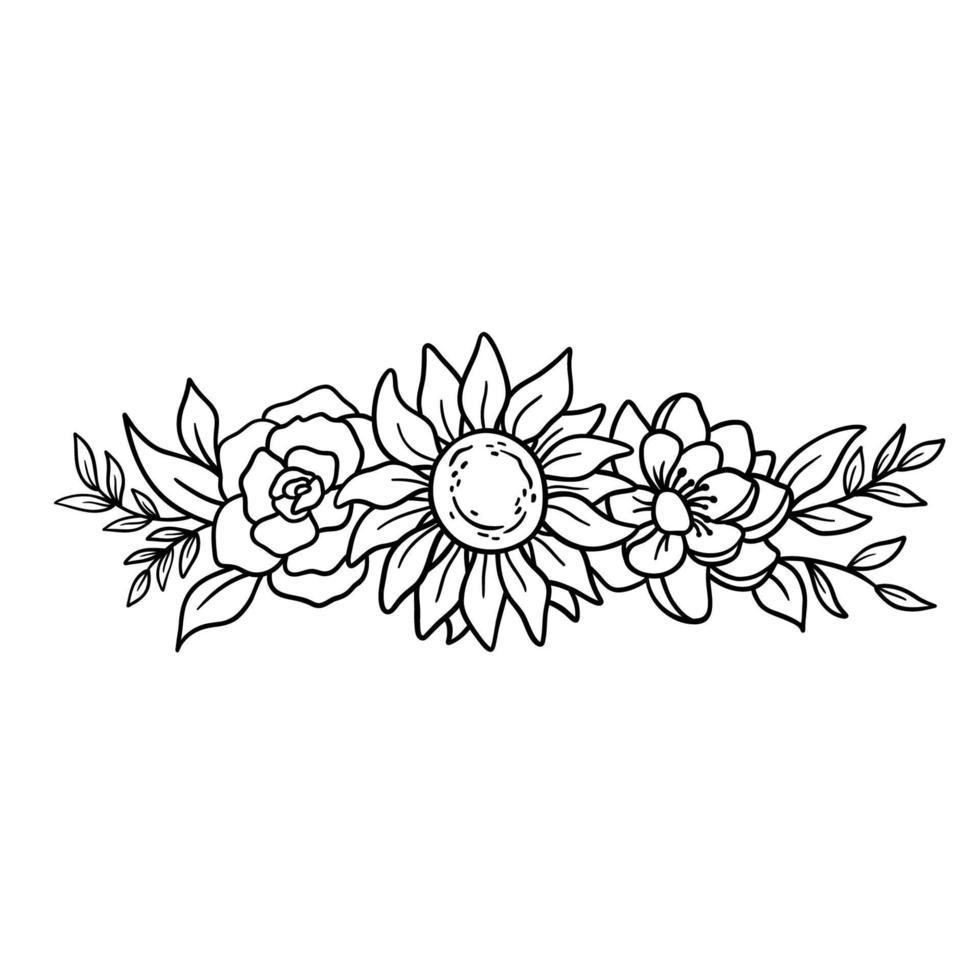 borde floral con flores y hojas en estilo de contorno. vector girasol y peonías aislado en blanco. elegante ramo dibujado a mano arte de línea