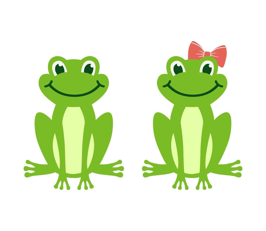 Vector cartoon green frog isolated on white background. Frogs boy and girl with bow sit and smile. Children illustration