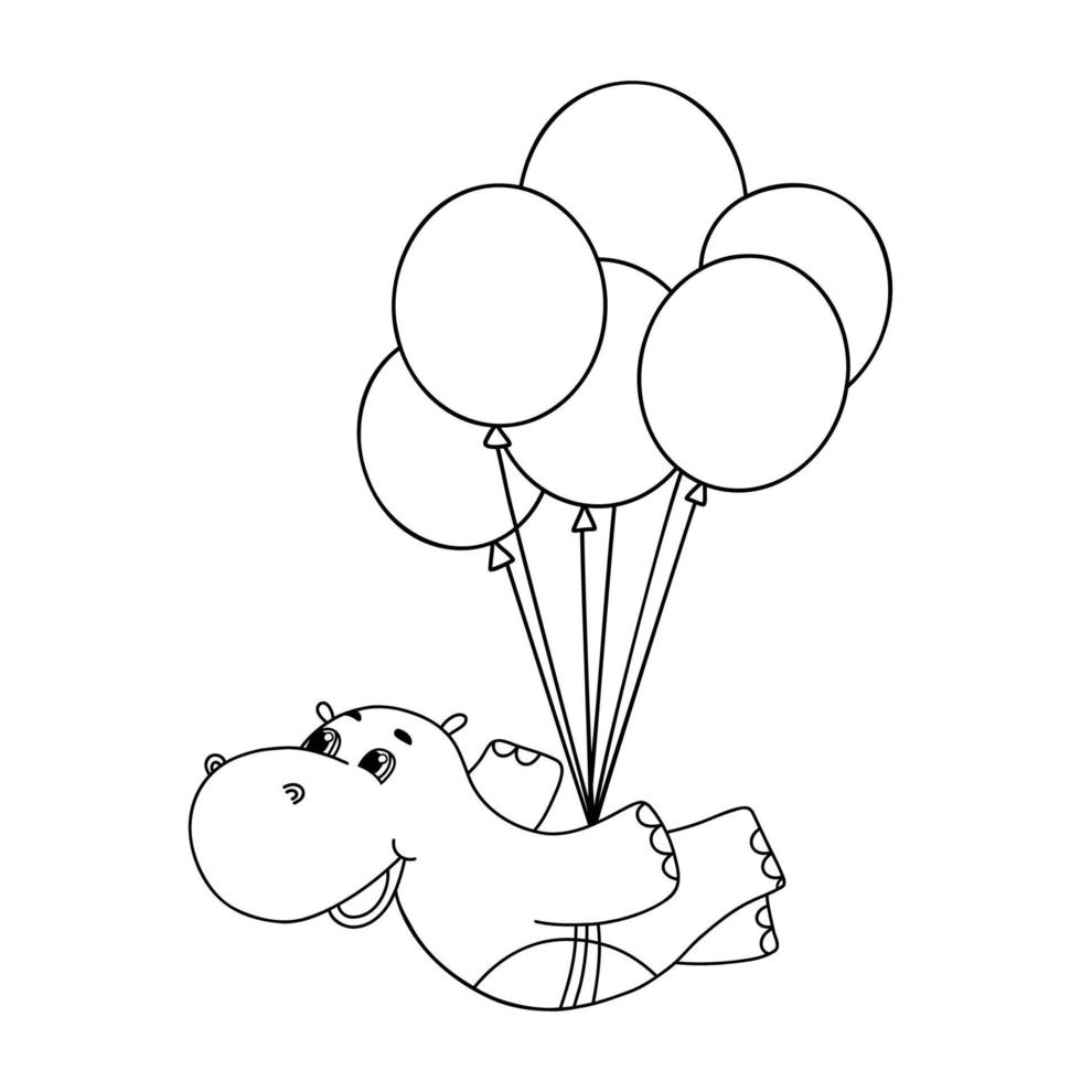 línea dibujada a mano lindo hipopótamo volando en globos ilustración vectorial. esquema hipopótamo aislado sobre fondo blanco. lindo personaje de bebé para colorear, postales e invitaciones vector