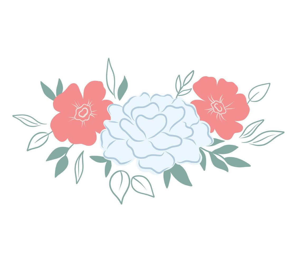 Bouquet of peony flowers with leaves. Border botanical vector isolated on white background