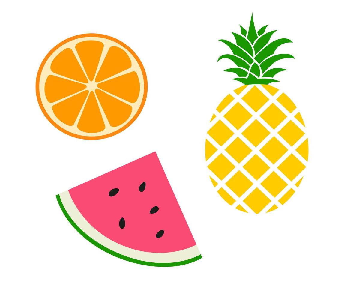 Fruits flat icons. Vector piece of watermelon, pineapple and orange slice isolated on white background