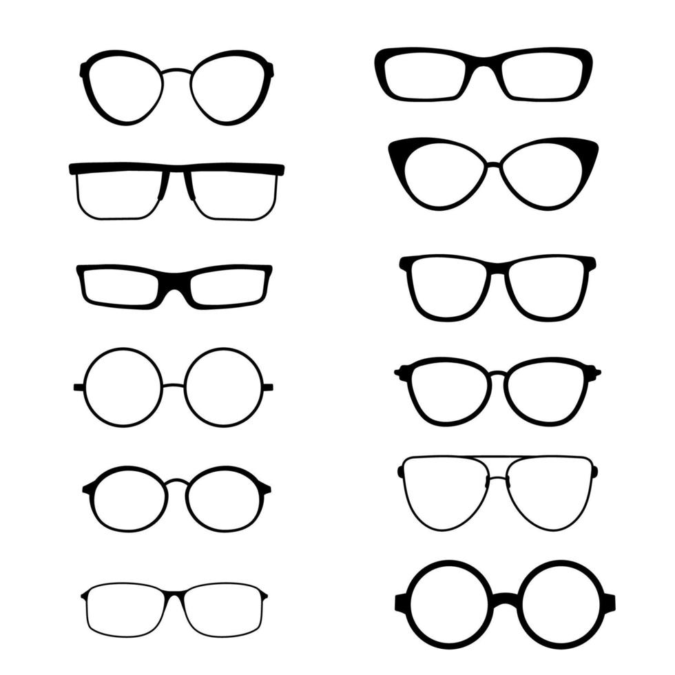 Glasses silhouette. Stylish frame, eyeglasses optical eyesight different shapes, frames and fashion rims. Vector set of rounded optic lens