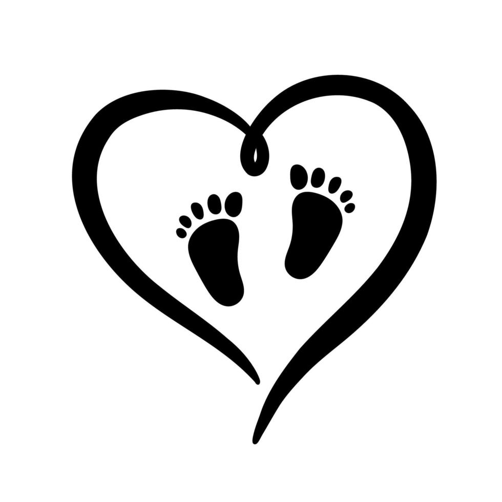 Black silhouette of heart baby footprint. Sign of love for newborn. Vector simple illustration of silhouette of heart isolated on white background