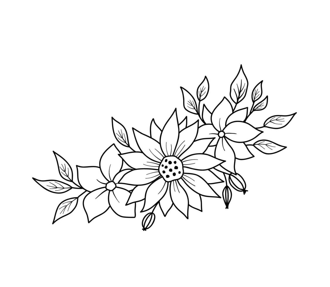 Floral border with peonies flowers and leaves in outline style. Vector line wildflowers. Floral bouquet isolated on white