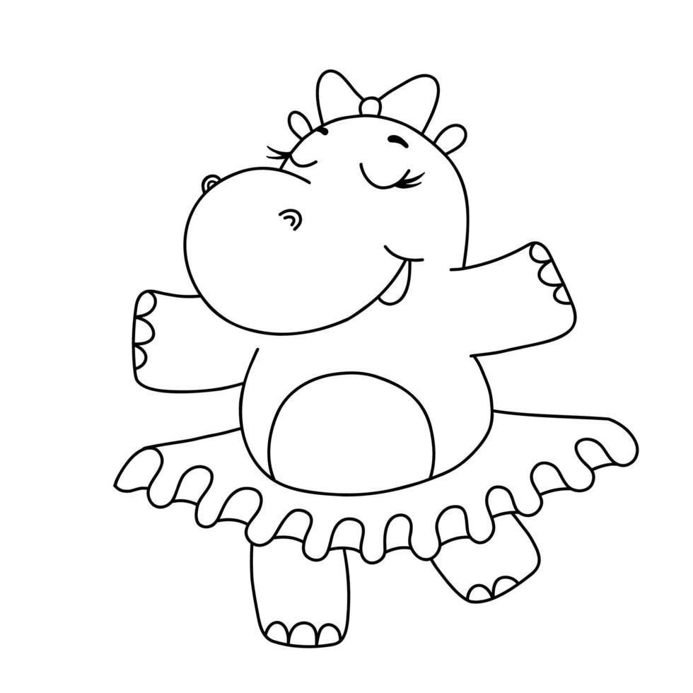 Hand drawn line cute hippo ballet dancer vector illustration. Outline hippopotamus isolated on white background. Cute baby character for coloring book, postcards and invitations