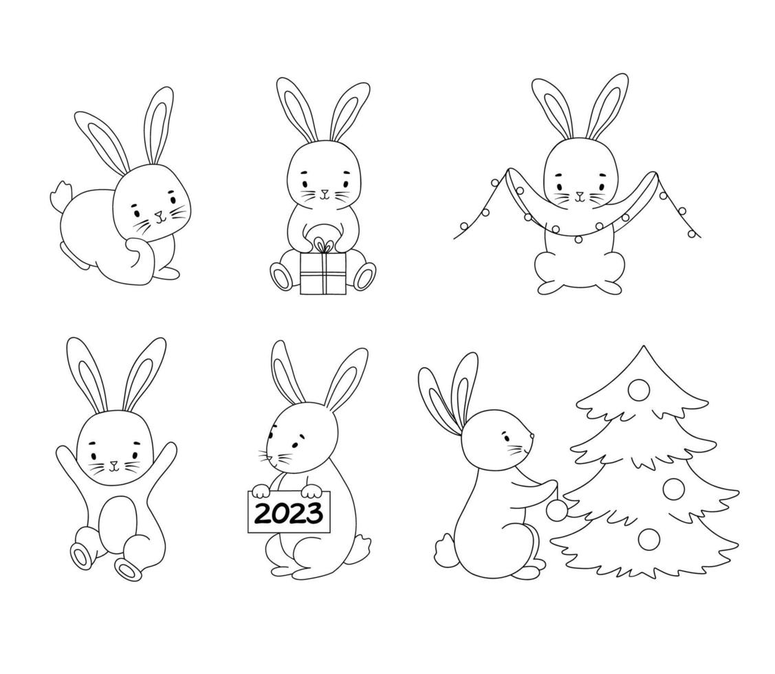 Set of cute line rabbits in different poses. Vector symbol of new year 2023 isolated on white. Bunny with Christmas tree and gift for baby coloring page.