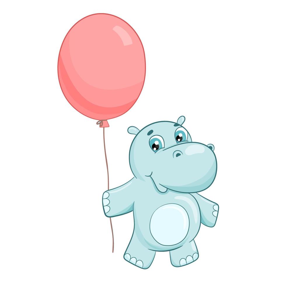 Hand drawn cute hippo with balloon vector illustration. Cartoon animal hippopotamus isolated on white background. Cute baby character for printing, postcards and invitations