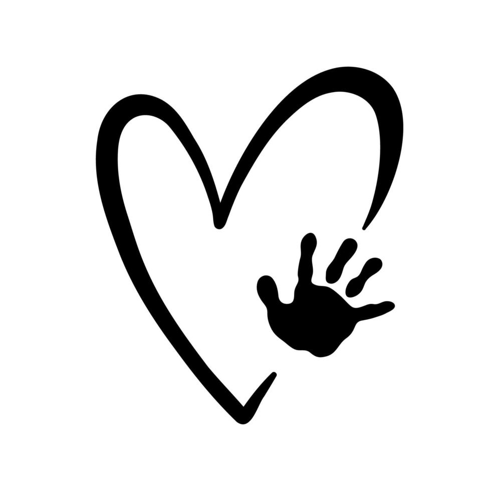 silueta negra de la huella de la mano del bebé del corazón. signo de amor por el recién nacido al estilo en línea. vector simple ilustración de silueta de corazón aislado sobre fondo blanco