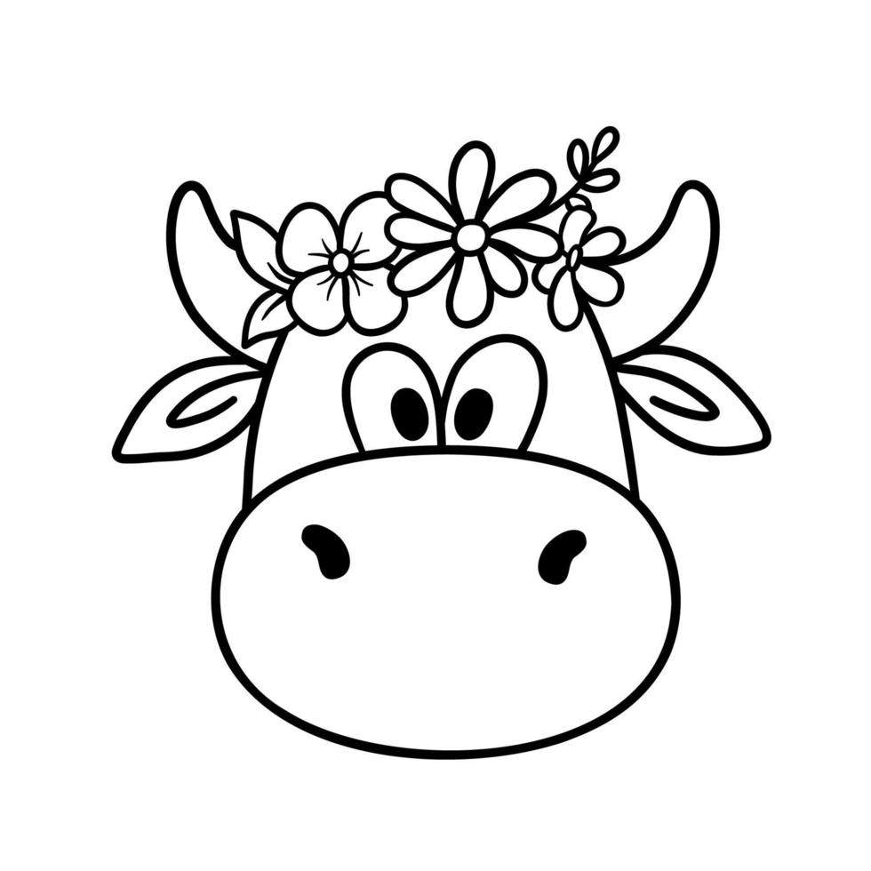 vaca divertida con flores en la cabeza. ilustración en blanco y negro en estilo de esquema. vector, lindo, vaca, cara, aislado, blanco vector