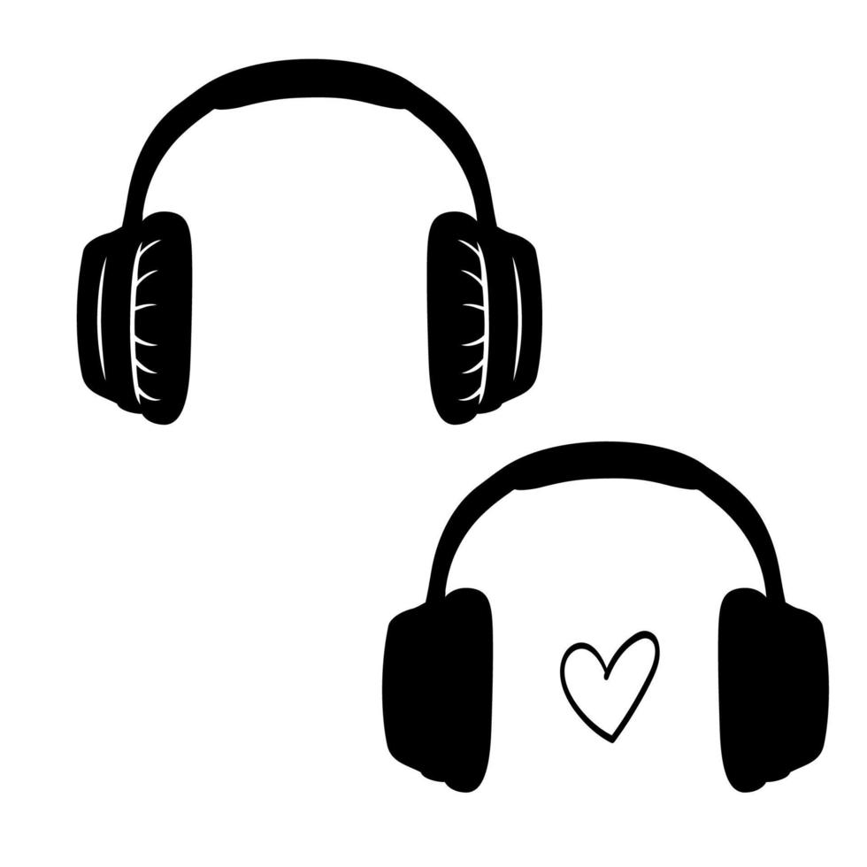 auriculares, auriculares con corazón. vector de contorno de boceto monocromo. dispositivo, icono de accesorio de audio aislado en blanco