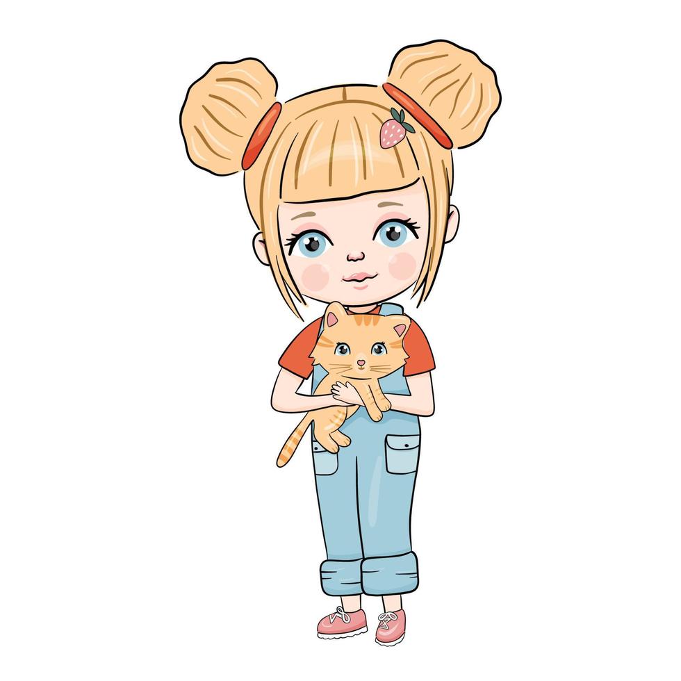 dibujada a mano hermosa linda niña rubia con bonito gato en las manos. linda chica en pantalones. ilustración vectorial vector