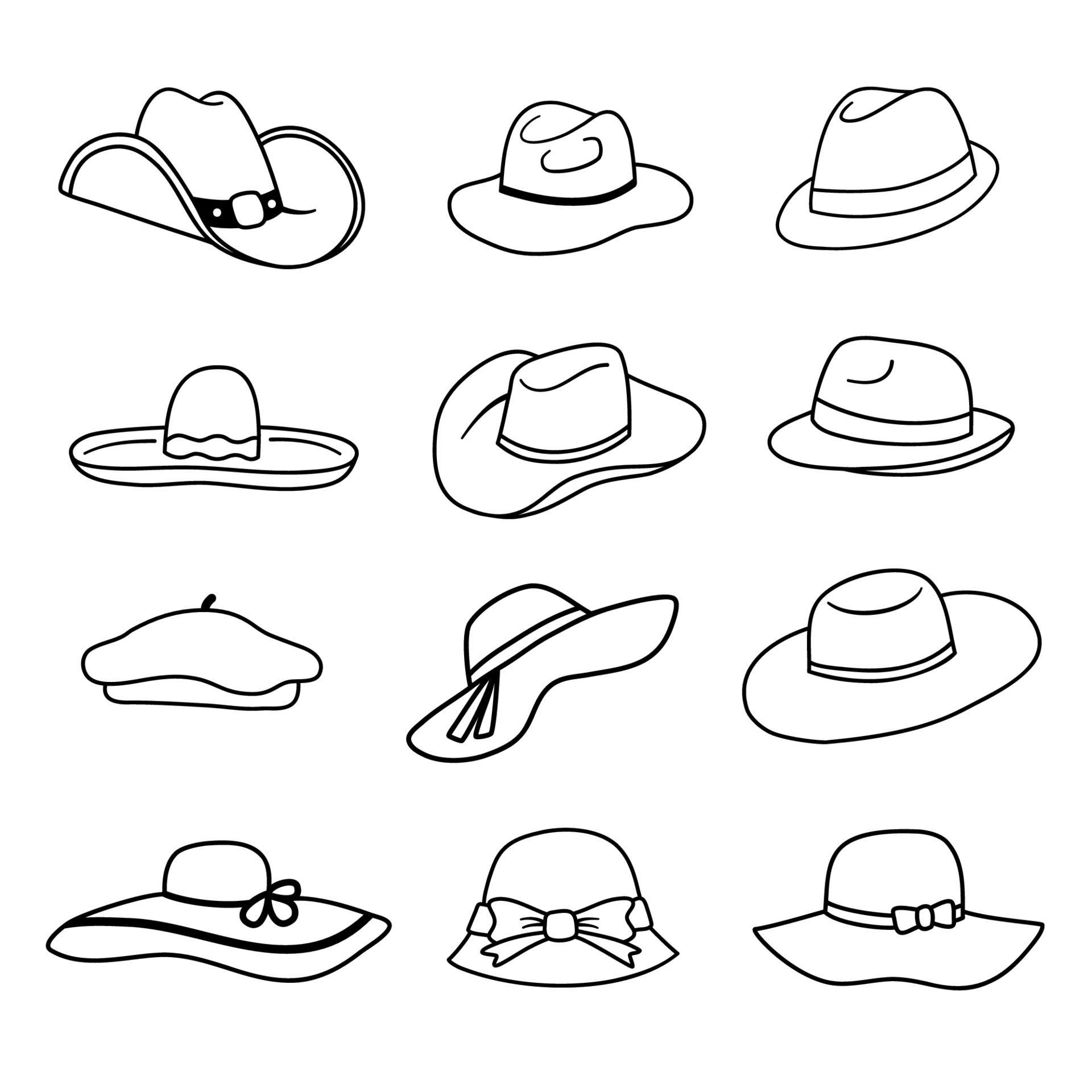 Set of Women and Man hats in line art style. Female sun protected hat with  bow-knot. Vector icon isolated in white. Cowboy and mexican hat 8306619  Vector Art at Vecteezy