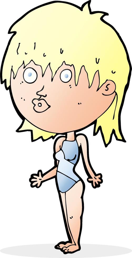 mujer de dibujos animados en traje de baño encogiéndose de hombros vector