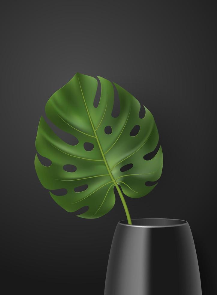 Afiche vectorial realista con hoja tropical verde 3d en jarrón sobre fondo oscuro. ilustración botánica con monstera para interior, decoración casera, anuncio, papel pintado, tarjeta, banner, diseño web. vector