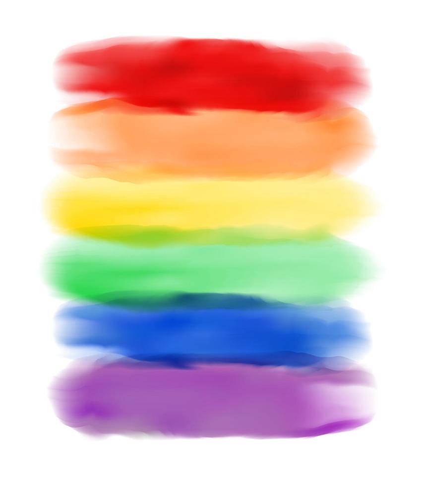 Six color Rainbow realistic watercolor brush strokes on white isolated background. Editable vector template for print, background, shirt. Illustration for LGBT, gay, lesbian, homosexuality design.