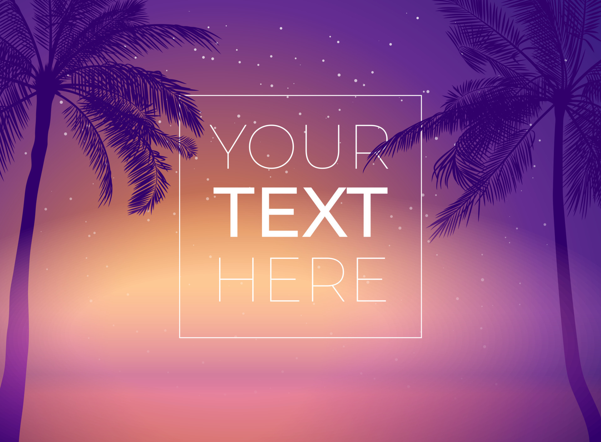 Banner with palm tree and sunset sky and copy space. Vector template