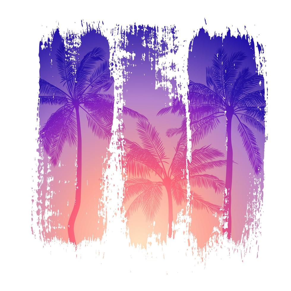 Tropical vector illustration of sunset and silhouettes of palm trees with colorful brush strokes. Isolated template for print and design in botanical style. Summer poster in purple tones