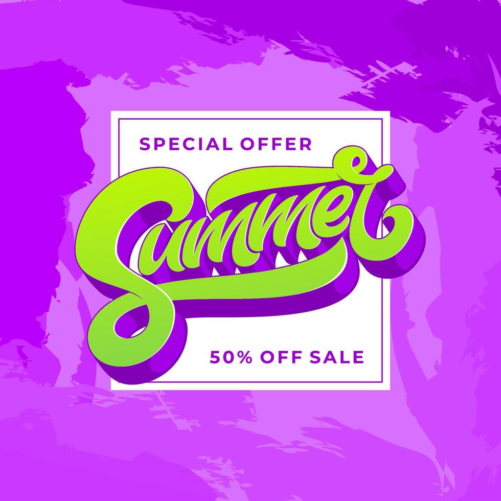 Summer Sale Banner with square frame on violet grunge background. Template for banner, flyer, poster. Handmade typography. Vector illustration.