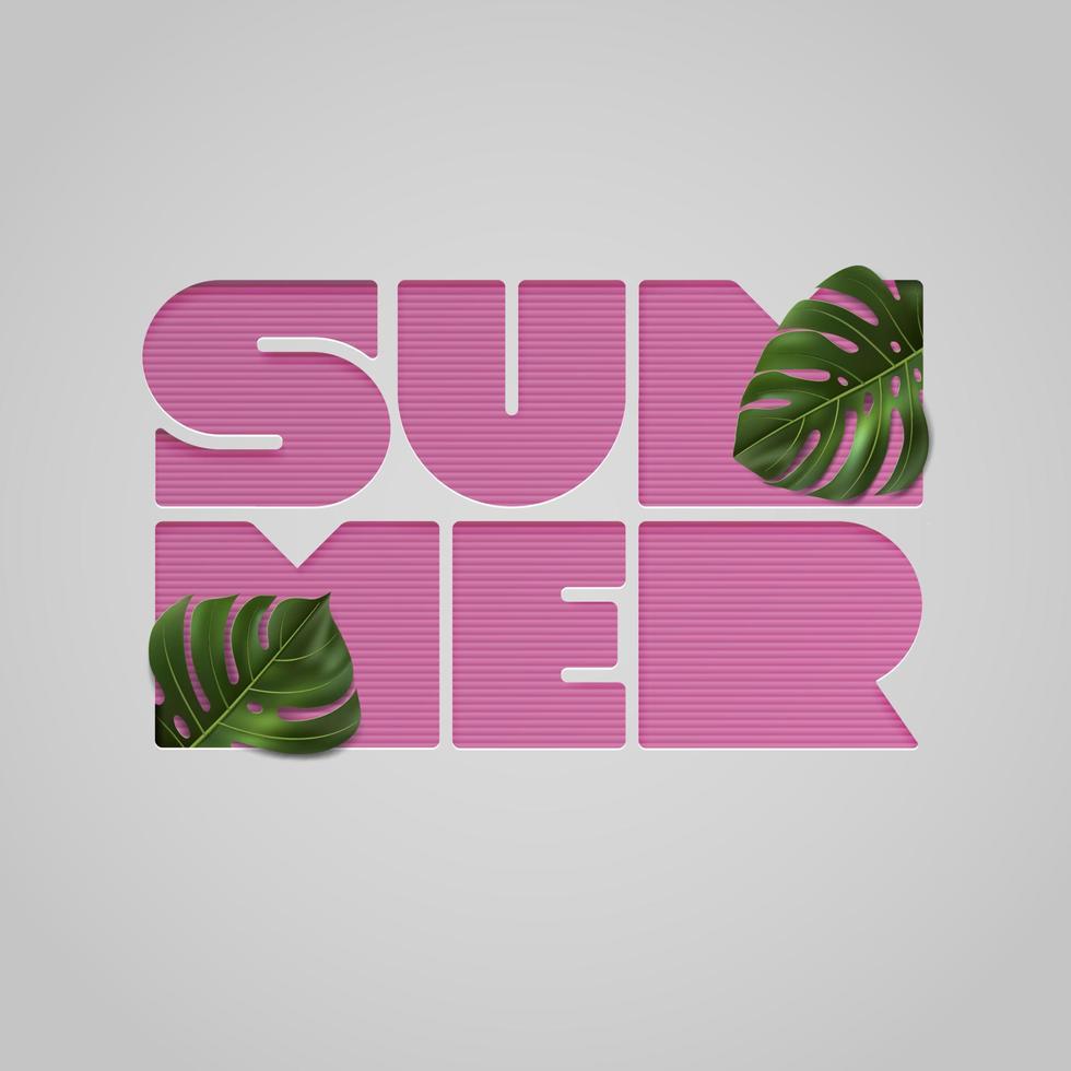 Paper cut pink letters SUMMER with tropical leaves on light gray background. Vector Illustration with typography and monstera leaf for shirt, banner, sale, discount, flyer, invitation, poster.