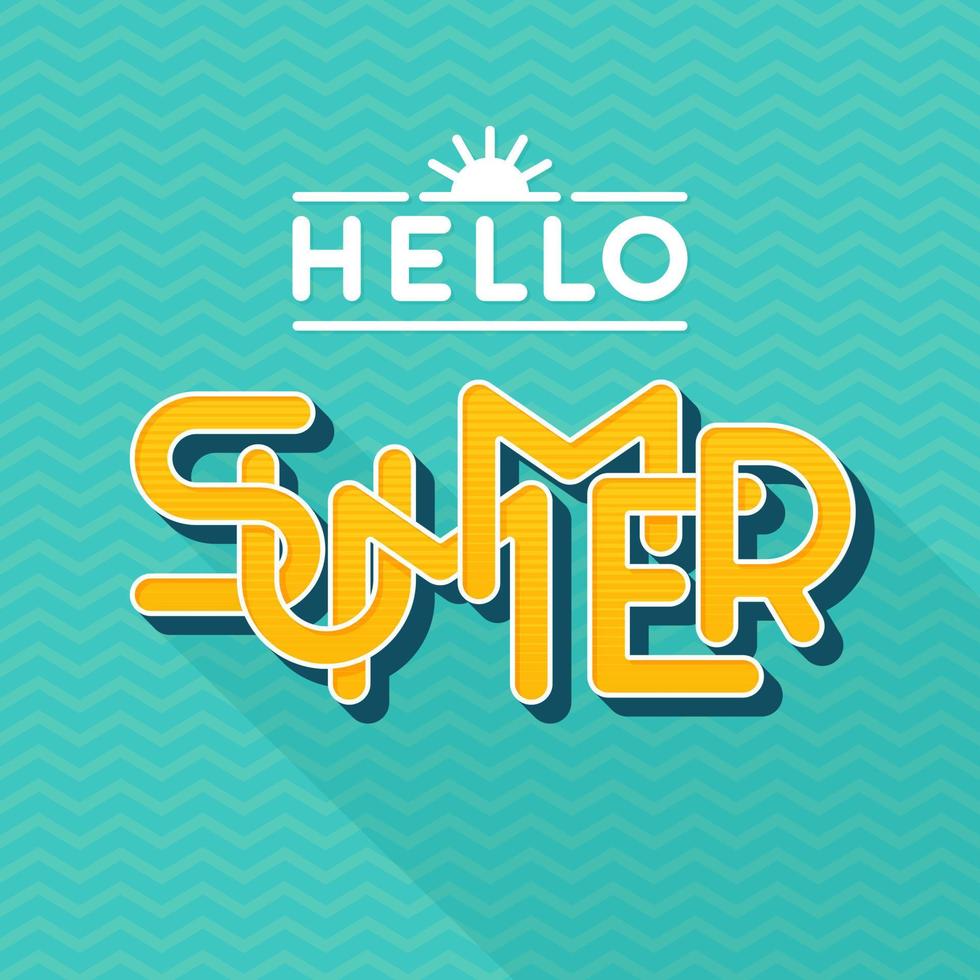 Hello summer lettering. Flat style design. Letters with long shadow. Vector illustration. Template for banner, poster, flyer, card, postcard, cover, brochure.