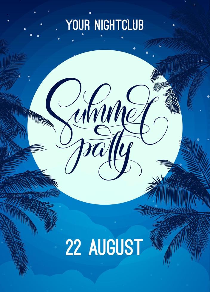 Summer party lettering with night sky, moon and palm tree. Vector template for poster, flyer, invitation, print, banner. Banner with modern calligraphy. Poster for night club party.