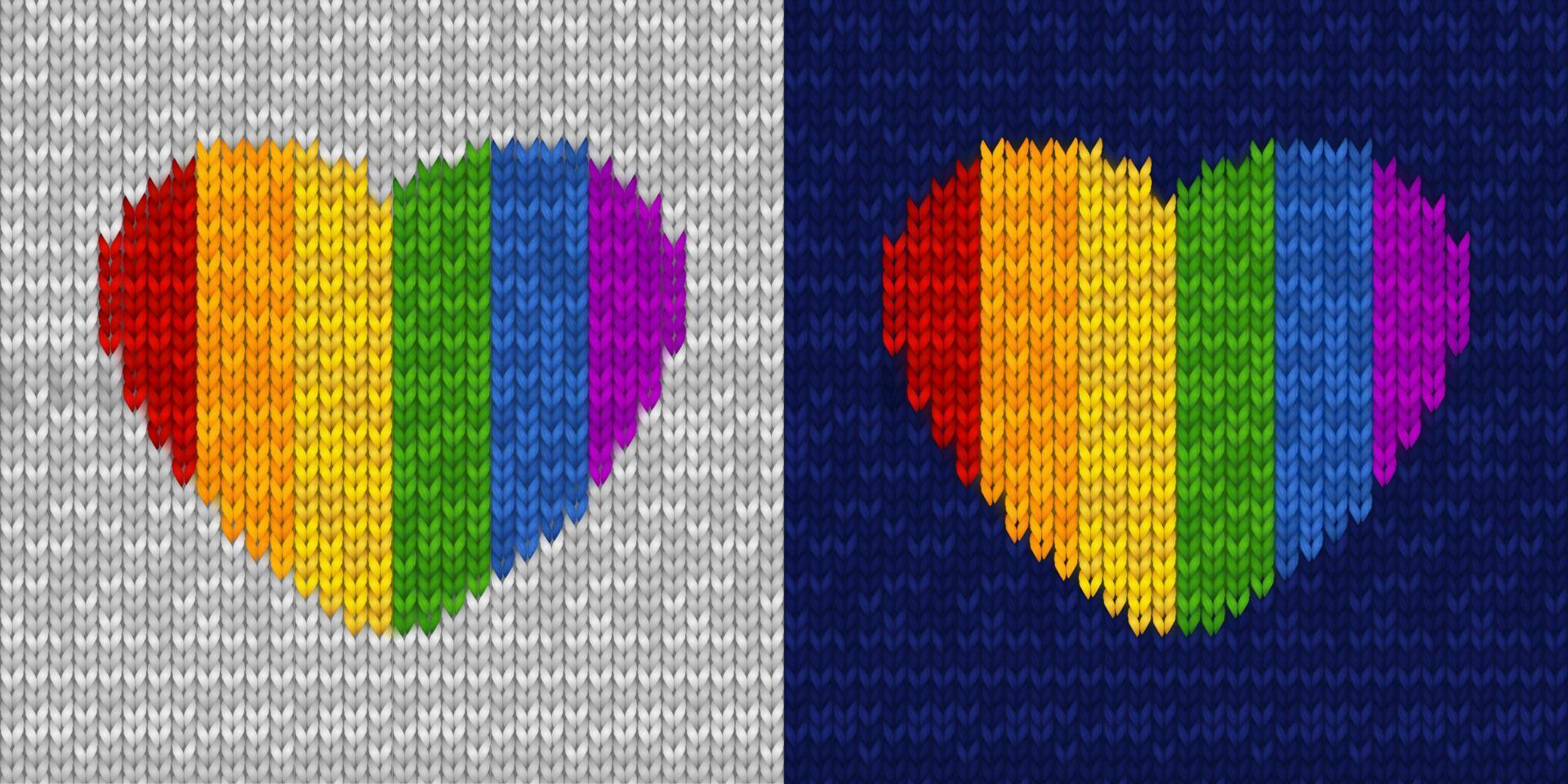 Knitted seamless pattern with rainbow heart shape on gray and dark blue background. Vector illustration for Valentines Day, pride. Symbol of love. Template for postcard, invitation, poster, print.