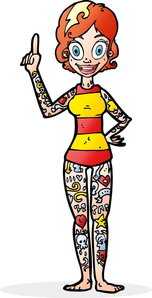 caricatura, mujer, cubierto, en, tatuajes vector