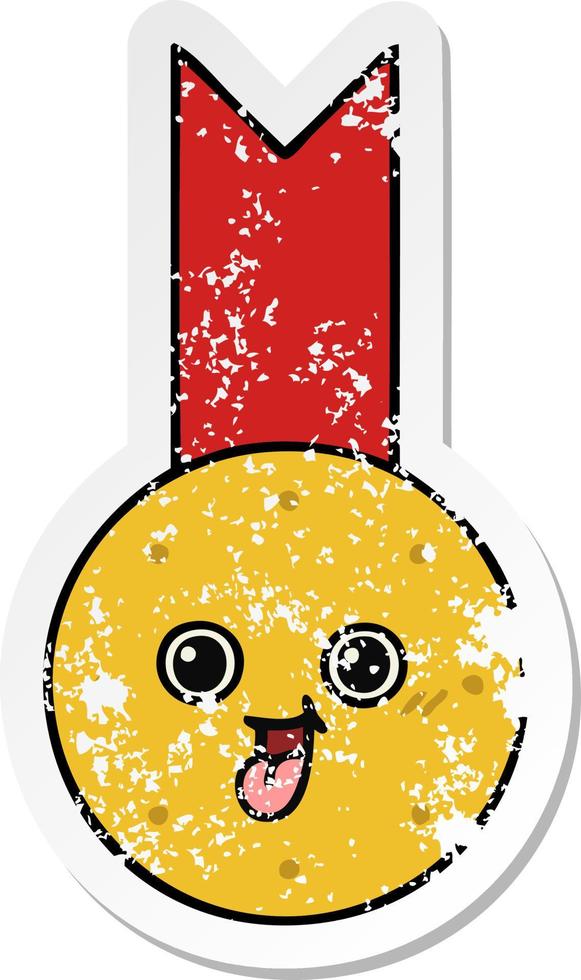 distressed sticker of a cute cartoon gold medal vector