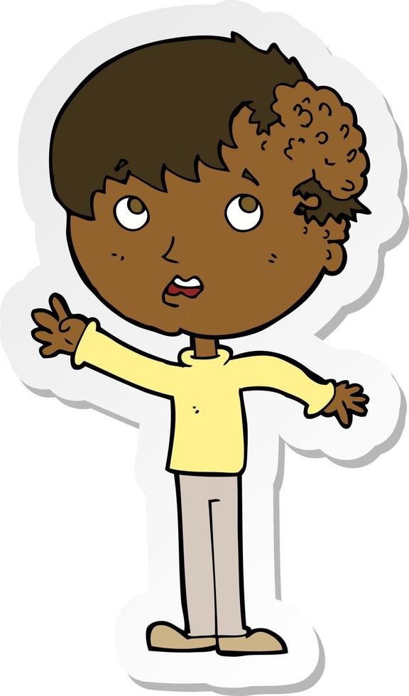 sticker of a cartoon boy with growth on head vector