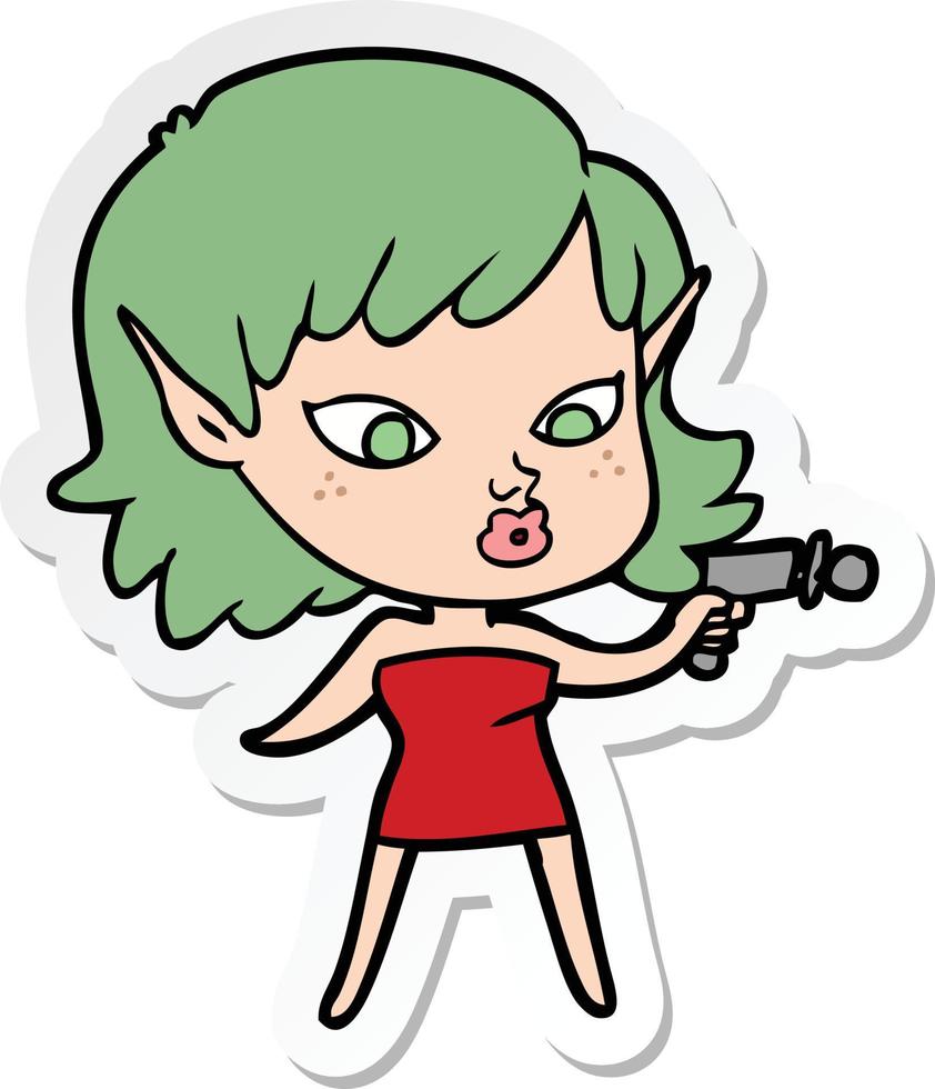 sticker of a pretty cartoon girl with ray gun vector