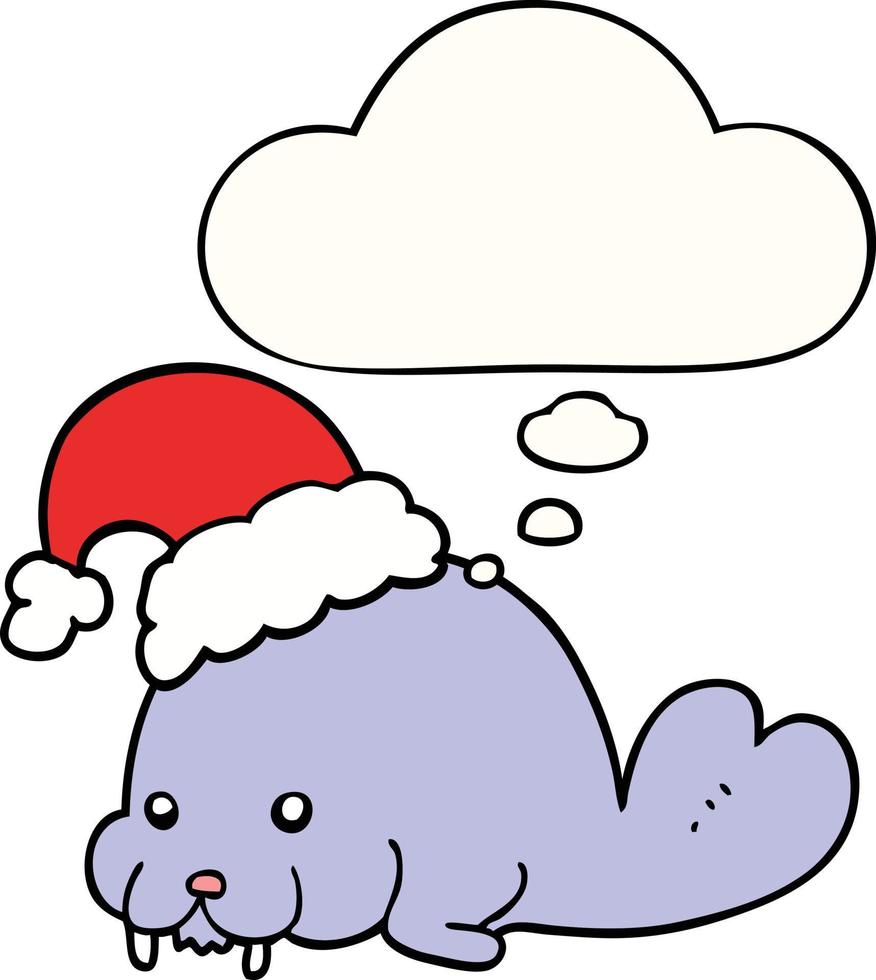 cartoon christmas walrus and thought bubble vector