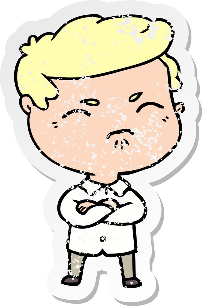 distressed sticker of a cartoon annoyed man vector