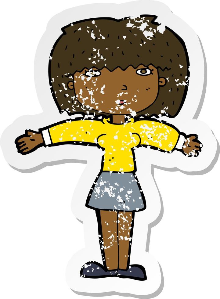 retro distressed sticker of a cartoon woman shrugging shoulders vector