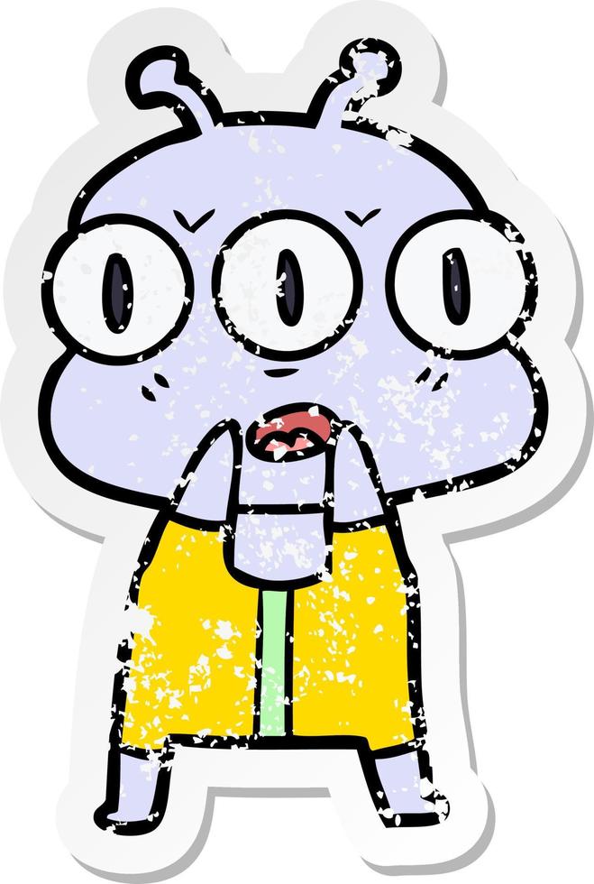 distressed sticker of a cartoon three eyed alien vector