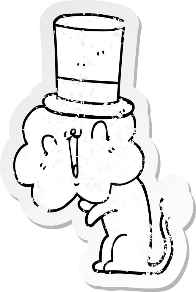 distressed sticker of a cute cartoon lion wearing top hat vector