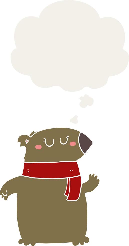 cartoon bear with scarf and thought bubble in retro style vector