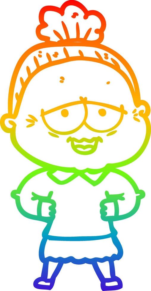 rainbow gradient line drawing cartoon happy old lady vector