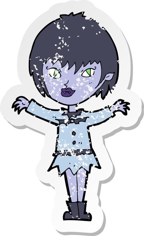 retro distressed sticker of a cartoon vampire girl vector